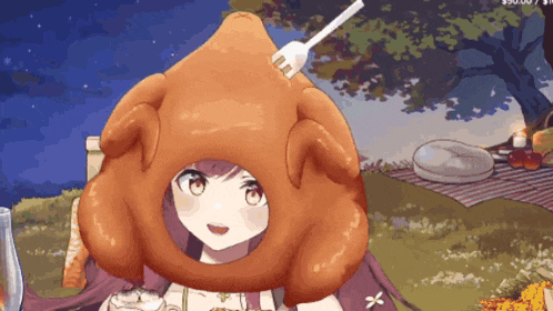 a girl is wearing a turkey hat and holding a fork