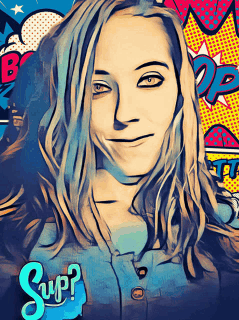 a pop art drawing of a woman with the word supp on the bottom