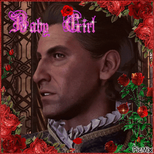 a picture of a man surrounded by red roses with the words baby girl above him