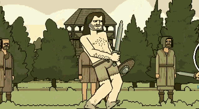 a cartoon of a naked man holding a sword in front of a house