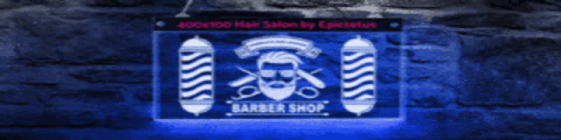 a sign for a barber shop is lit up with blue lights