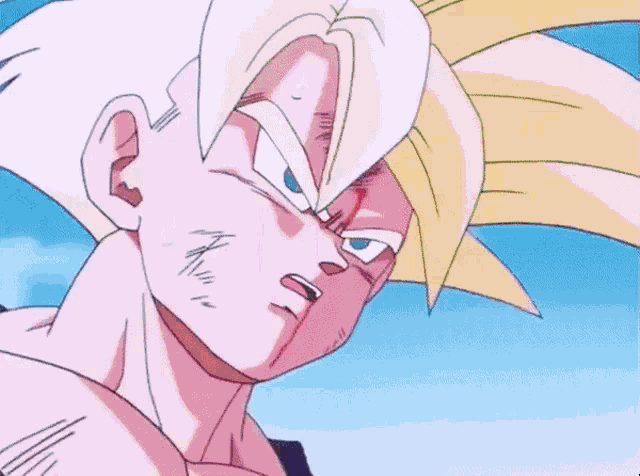 a close up of a cartoon character 's face with a blue sky behind him