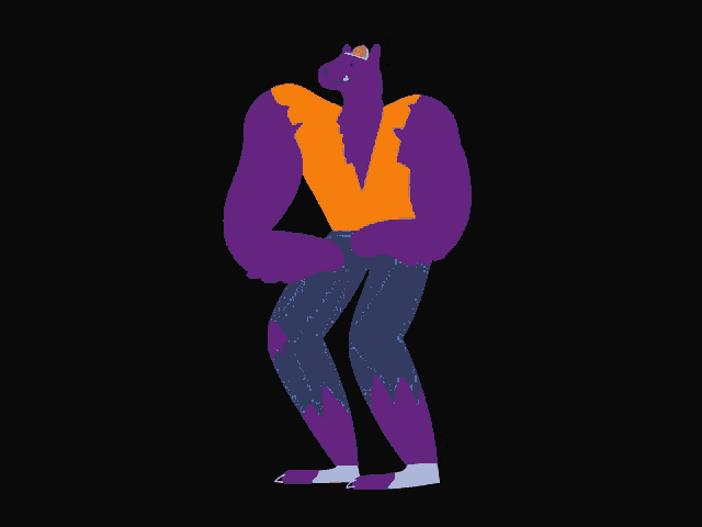 a cartoon drawing of a werewolf wearing a purple shirt and blue jeans