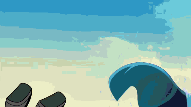 a cartoon drawing of a person standing in front of a large wave