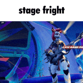 a video game character is playing a guitar and the words stage fright are above her