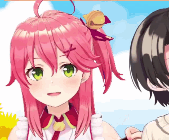 a girl with pink hair and green eyes is next to another girl