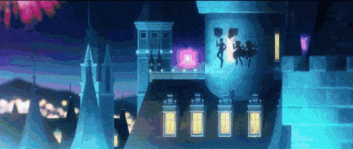 a castle with a balcony and a few people standing on it