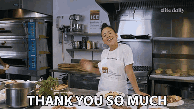 a woman standing in a kitchen with a sign that says ice