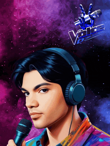 a man wearing headphones is singing into a microphone in front of a sign that says the voice
