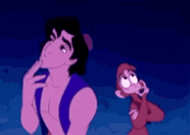 a man and a monkey from aladdin are standing next to each other