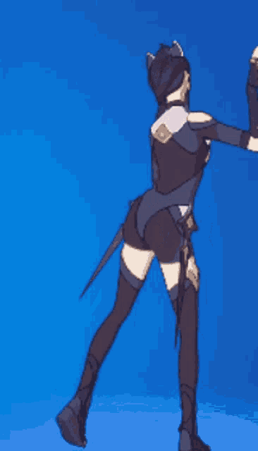 a cartoon character is standing in front of a blue background holding a sword .