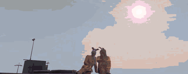 a screenshot of a video game shows two characters standing on top of a roof