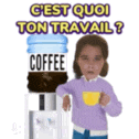 a little girl is holding a cup of coffee next to a water dispenser that says coffee