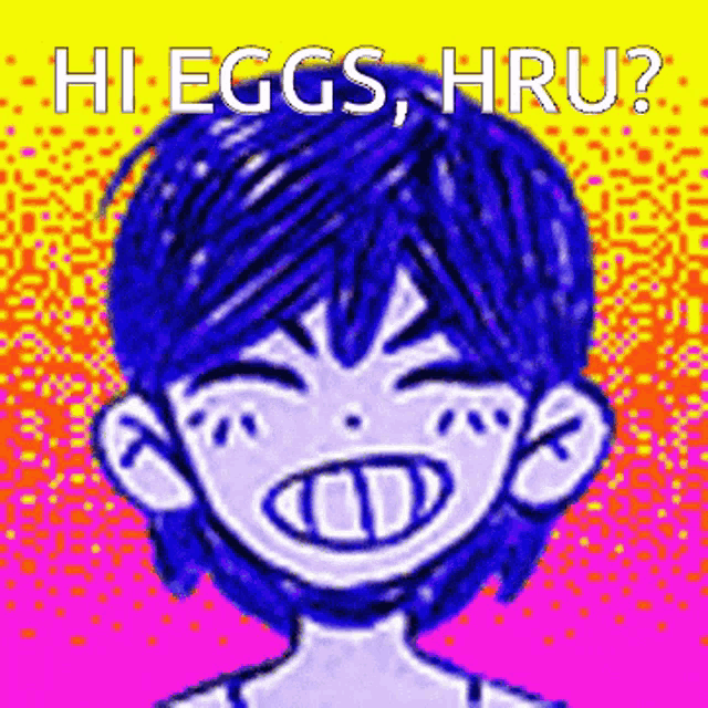 a pixel art drawing of a boy with blue hair and the words `` hi eggs , hru ? ''