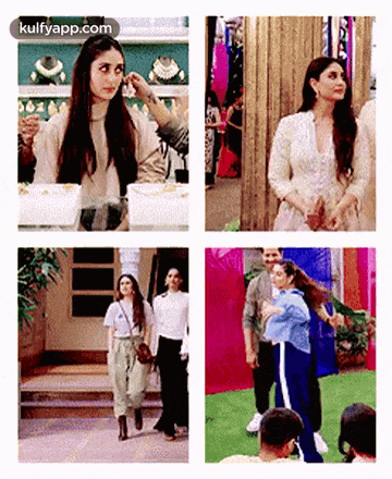 a collage of four pictures of a woman in a white dress
