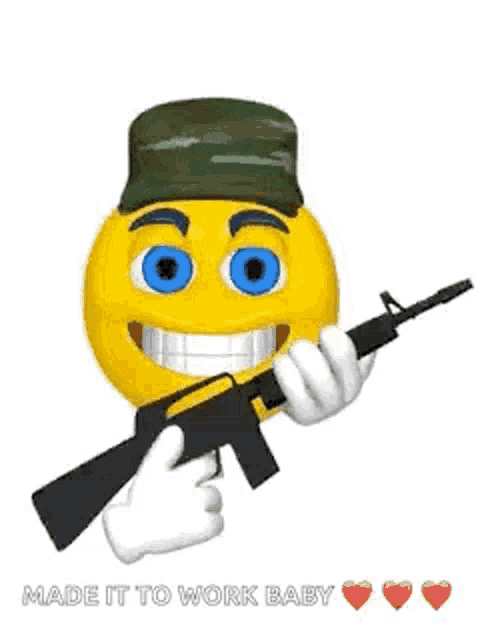 a yellow smiley face wearing a military hat is holding a gun .