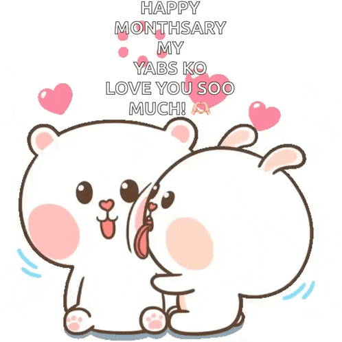 a cartoon of a bear and a rabbit kissing each other with the words happy monthary my yabs ko love you soo much