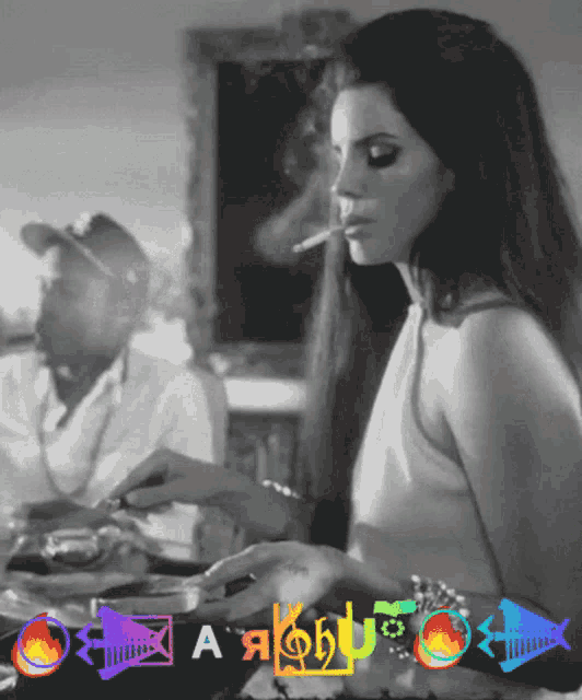 a black and white photo of a woman smoking a cigarette and a man eating
