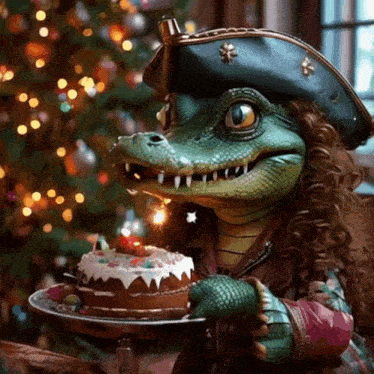 a crocodile with a pirate hat is holding a plate with a birthday cake on it