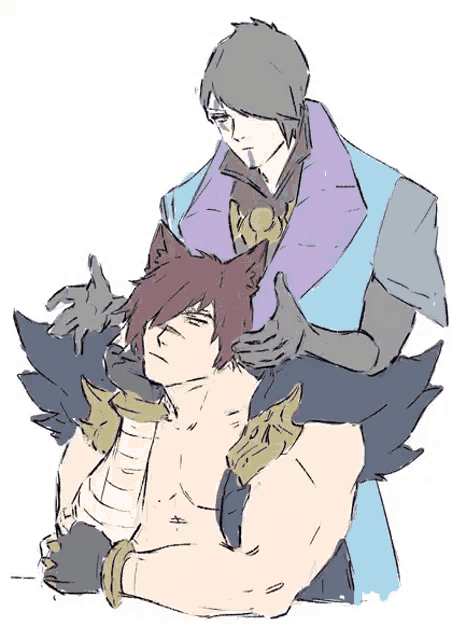 a drawing of a man putting a cat ear on another man