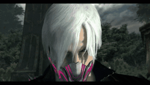 a close up of a person 's face with white hair