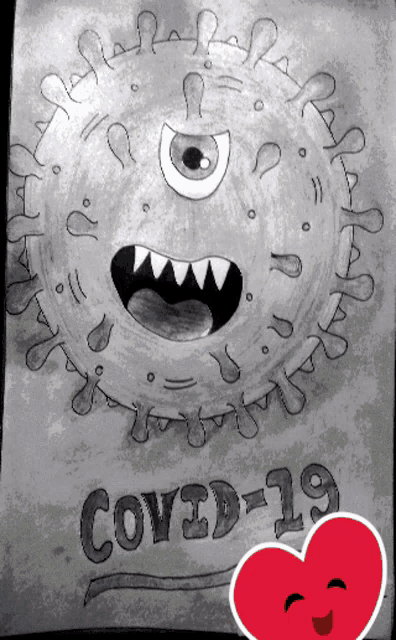 a black and white drawing of a virus with the word covid-19 written below it
