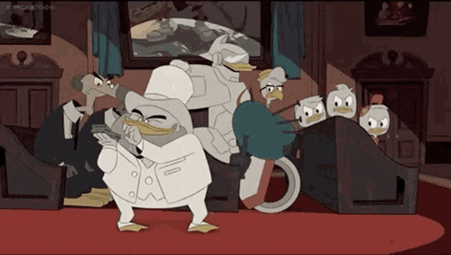 a group of cartoon characters are standing in a living room .