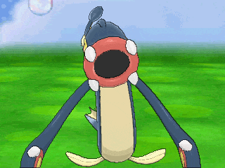 a cartoon character is standing on a grassy field with a bubble in the background