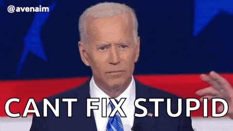 a man in a suit and tie is standing in front of an american flag and says `` cant fix stupid '' .