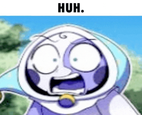 a cartoon character with a surprised look on his face and the words `` huh '' .