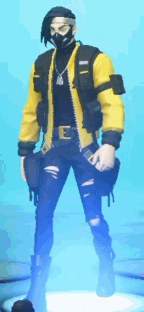 a man wearing a mask and a yellow jacket is standing on a blue background