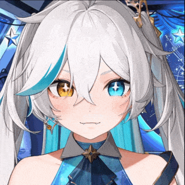 a girl with white hair and blue eyes has a star in her eye