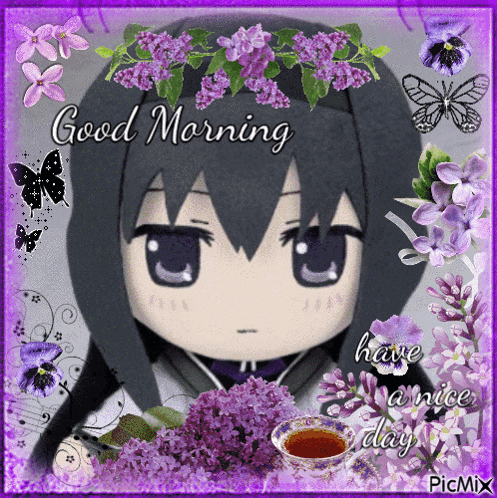 a picture of a girl with purple flowers and the words good morning