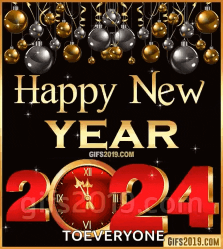a happy new year greeting card with a clock and christmas balls on a black background