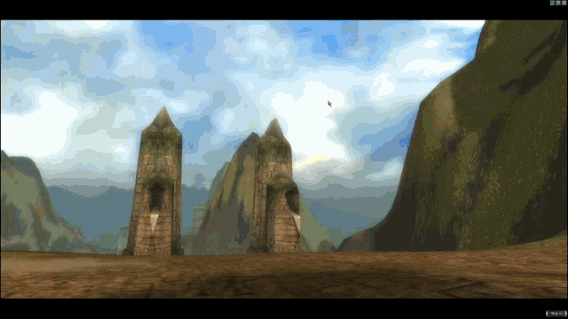 a computer screen shows a landscape with mountains and a bird flying overhead