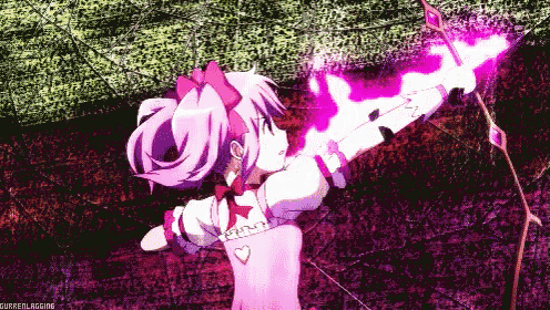 a girl with pink hair is holding a purple bow and arrow with a heart on her chest
