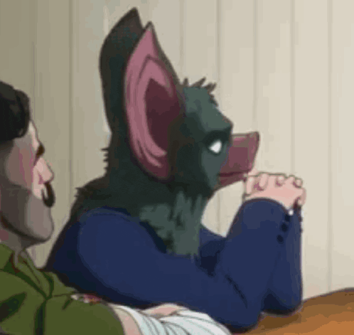 a cartoon character with a bat mask is drinking from a cup while sitting at a table .