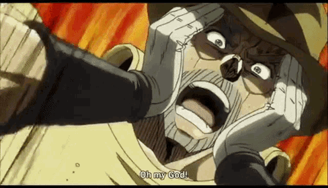a man with a beard and a hat is screaming with his mouth open .