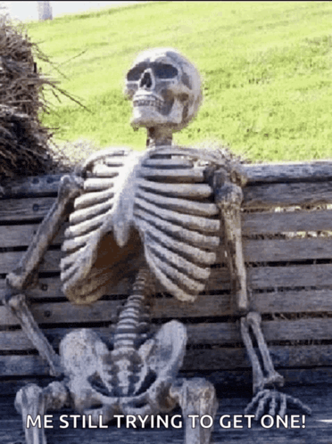 a skeleton is sitting on a wooden bench with the words " me still trying to get one "
