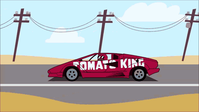a red car with tomato king written on the side is driving down a road