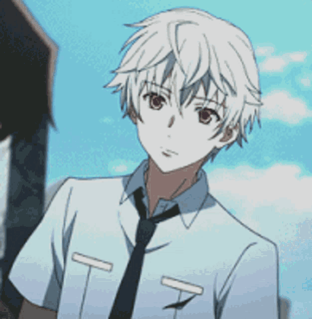 a boy with white hair and red eyes wearing a tie