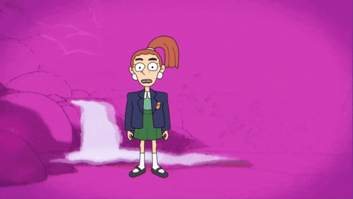 a cartoon girl is standing in front of a waterfall with the name merian written on the side
