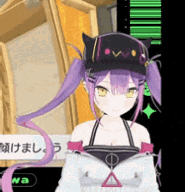 a girl with purple hair is wearing a cat hat and a white jacket