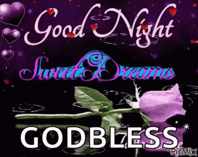 a purple rose is on a purple background with the words `` good night sweet dreams god bless ''