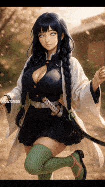 a girl with a sword in her hand is wearing a kimono and knee high socks