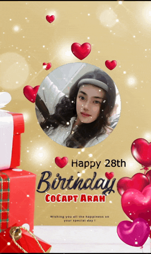 a birthday card with a picture of a woman and the words happy 28th birthday