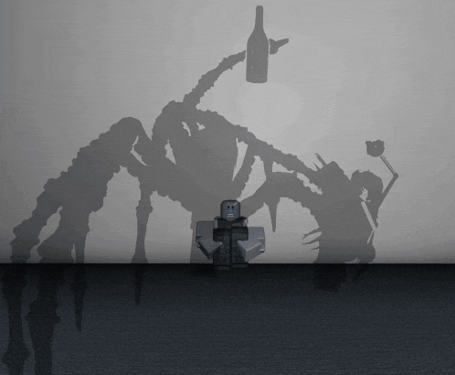 a shadow of a robot holding a bottle with a spider behind it