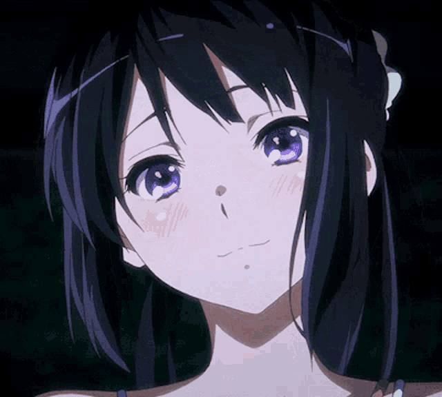 a close up of a girl with purple eyes and a flower in her hair