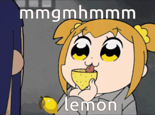 a cartoon of a girl eating a lemon with the caption " lemon "