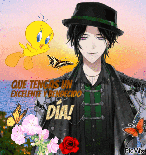 a picture of a man with a hat and a tweety bird says que tengas un excelente y bendecido dia